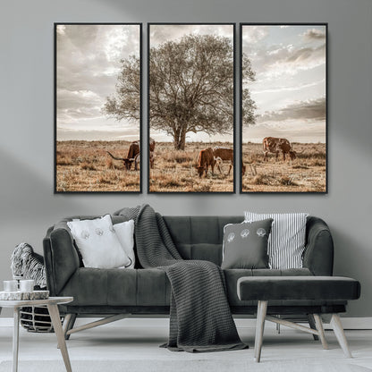 87590224-MGV-CV-36X24-Longhorn Cattle Wall Art – Rustic Western Landscape Canvas Print, Texas Farmhouse Prairie Scene for Living Room, Office, or Ranch