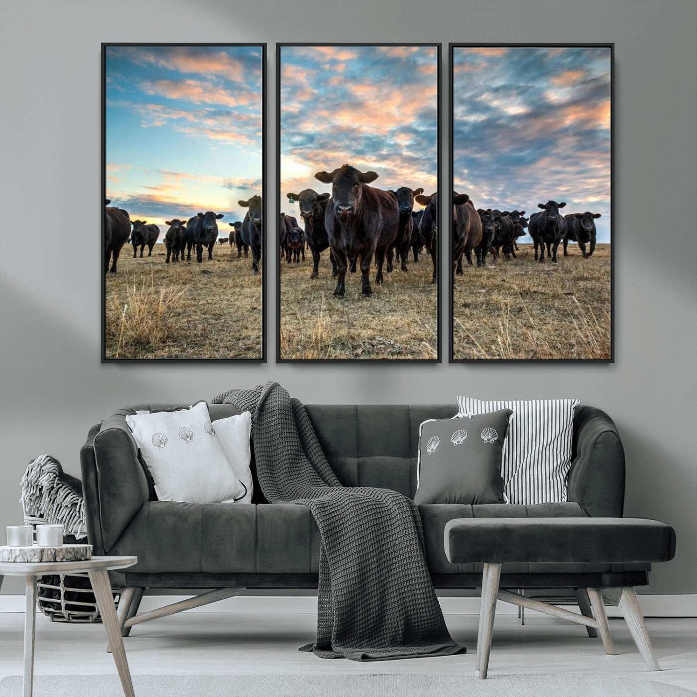 13867292-MGV-CV-36X24-Black Cattle Wall Art – Rustic Ranch Herd Canvas Print, Western Farmhouse Country Landscape Decor for Living Room, Office, or