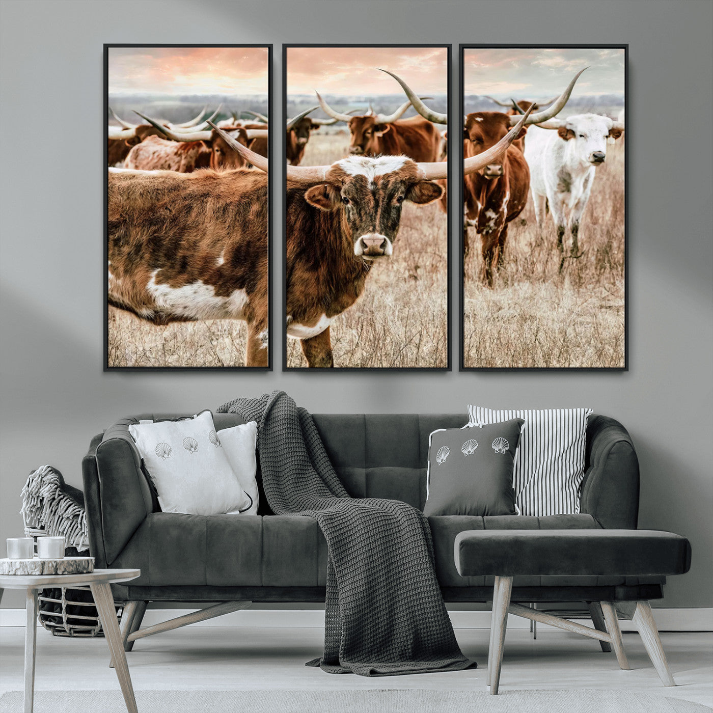 47758300-MGV-CV-36X24-Texas Longhorn Cattle Wall Art – Rustic Western Herd Canvas Print, Cowboy Ranch Farmhouse Decor for Living Room, Office, or