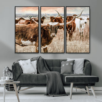 47758300-MGV-CV-36X24-Texas Longhorn Cattle Wall Art – Rustic Western Herd Canvas Print, Cowboy Ranch Farmhouse Decor for Living Room, Office, or