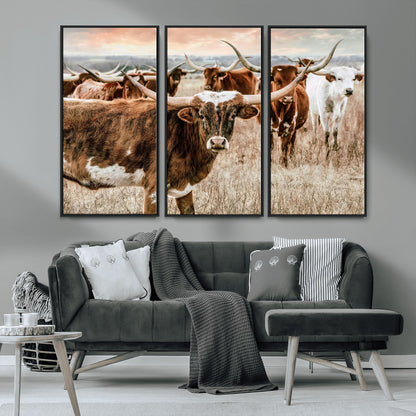 47758300-MGV-CV-36X24-Texas Longhorn Cattle Wall Art – Rustic Western Herd Canvas Print, Cowboy Ranch Farmhouse Decor for Living Room, Office, or