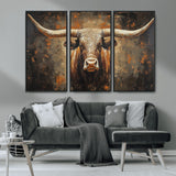 19204445-MGV-CV-36X24-Texas Longhorn Bull Wall Art – Rustic Western Canvas Print, Bold Cowboy Cattle Painting for Ranch House, Farmhouse, Office, or
