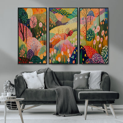 79636380-MGV-FC-48X32-3P_Black-Colorful Abstract Landscape Wall Art – Vibrant Hills and Flowers Canvas Print, Modern Whimsical Artwork for Living Room, Bedroom,