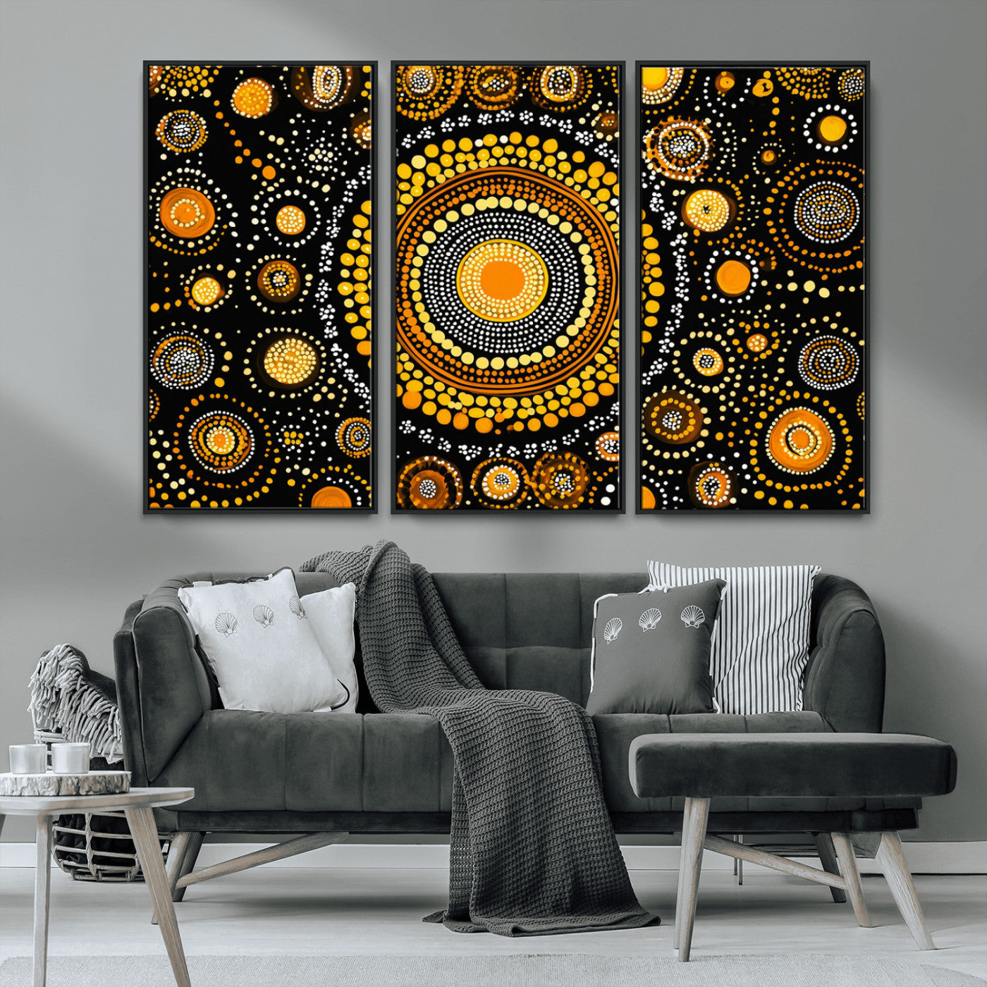 45478523-MGV-CV-36X24-Abstract Circle Wall Art – Bold Black and Gold Dot Painting Canvas Print, Modern Geometric Mandala Style Decor for Living Room or