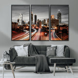 59097239-MGV-CV-36X24-City Skyline Wall Art – Modern Black and White Night Canvas Print with Red Light Trails, Urban Landscape Decor for Living Room or