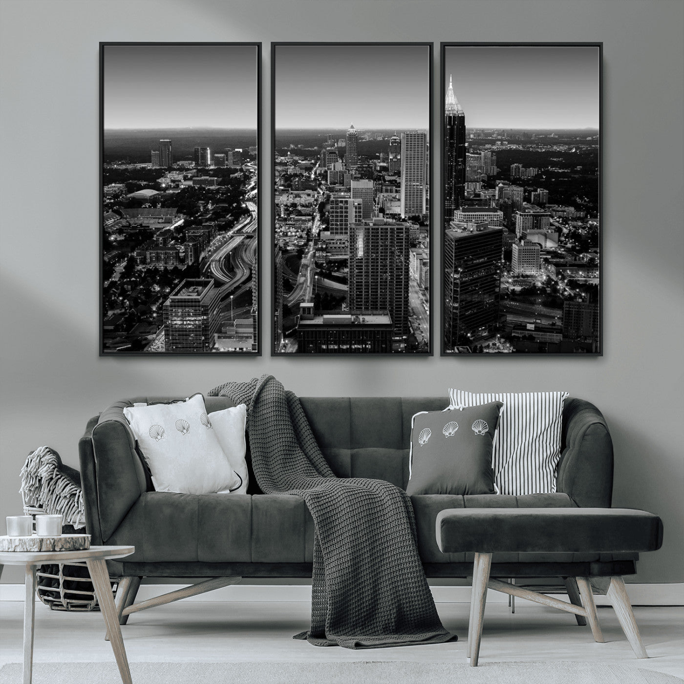 46578567-MGV-CV-36X24-Atlanta Skyline Wall Art – Black and White Cityscape Canvas Print, Modern Urban Night Decor for Office, Living Room, or Apartment