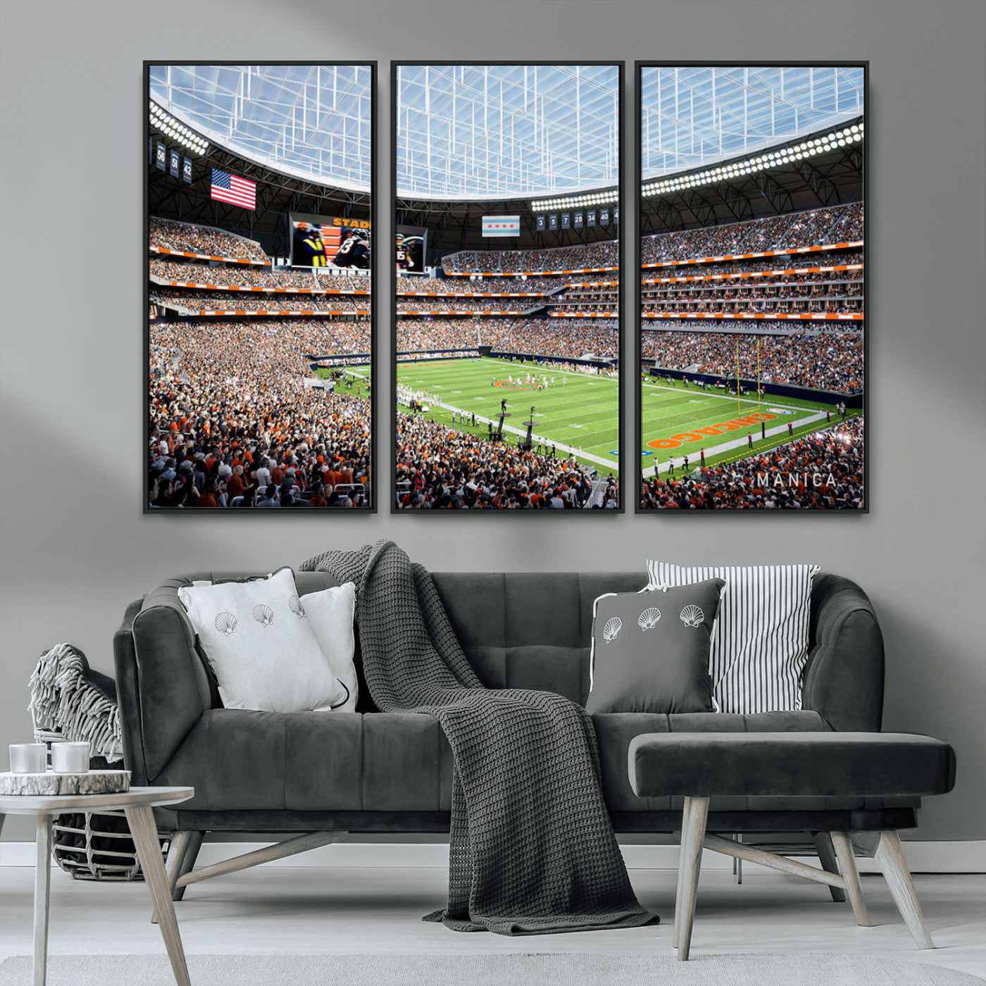 32530647-MGV-CV-36X24-Chicago Bears Stadium Wall Art – Futuristic Dome Arena Canvas Print, Modern Football Concept Design Decor for Man Cave, Bar, or