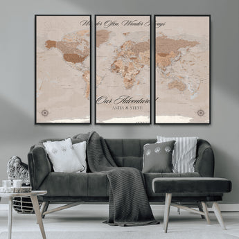 95243244-MGV-CV-36X24-Wander Often Wonder Always World Map Wall Art – Neutral Beige Adventure Canvas Print, Rustic Boho Travel Decor for Bedroom, Living