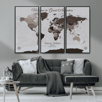 43749658-MGV-CV-36X24-Welcome to Great Adventure World Map Wall Art – Charcoal Gray Canvas Print, Rustic Travel Decor for Living Room, Study, Office or