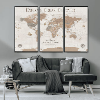 63516865-MGV-CV-36X24-Explore Dream Discover World Map Wall Art – Inspirational Travel Adventure Canvas Print, Neutral Parchment Style Explorer Decor