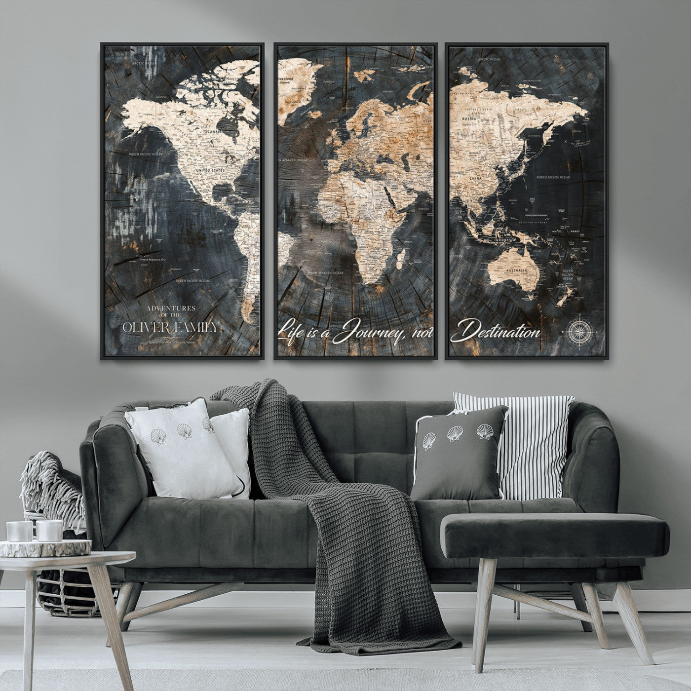 37848568-MGV-CV-36X24-Life is a Journey Not a Destination World Map Rustic Wood Texture Vintage Beige Navy Adventure Wall Art Canvas Print for Home