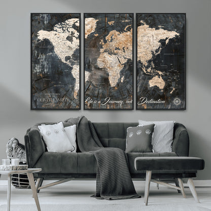 37848568-MGV-CV-36X24-Life is a Journey Not a Destination World Map Rustic Wood Texture Vintage Beige Navy Adventure Wall Art Canvas Print for Home