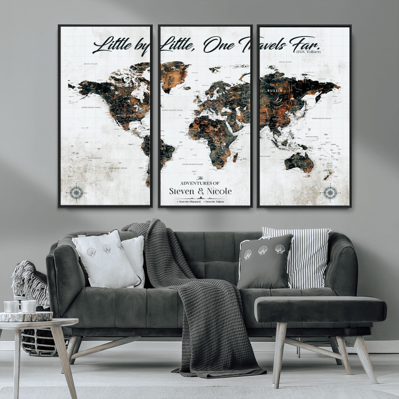88337180-MGV-CV-36X24-Little by Little One Travels Far Tolkien Quote World Map Rustic Black Brown Adventure Wall Art Canvas Print for Home Office Living