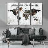 88337180-MGV-CV-36X24-Little by Little One Travels Far Tolkien Quote World Map Rustic Black Brown Adventure Wall Art Canvas Print for Home Office Living