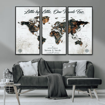88337180-MGV-CV-36X24-Little by Little One Travels Far Tolkien Quote World Map Rustic Black Brown Adventure Wall Art Canvas Print for Home Office Living