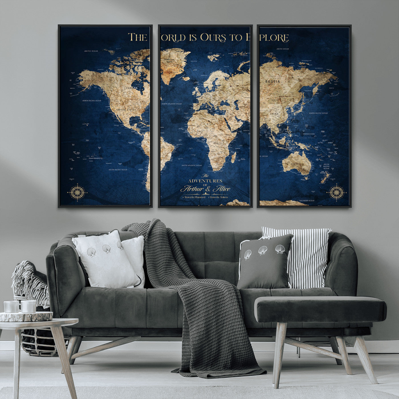 54782997-MGV-CV-36X24-The World is Ours to Explore Wall Art – Blue World Map Canvas Print, Adventure Travel Decor for Home, Office or Living Room,