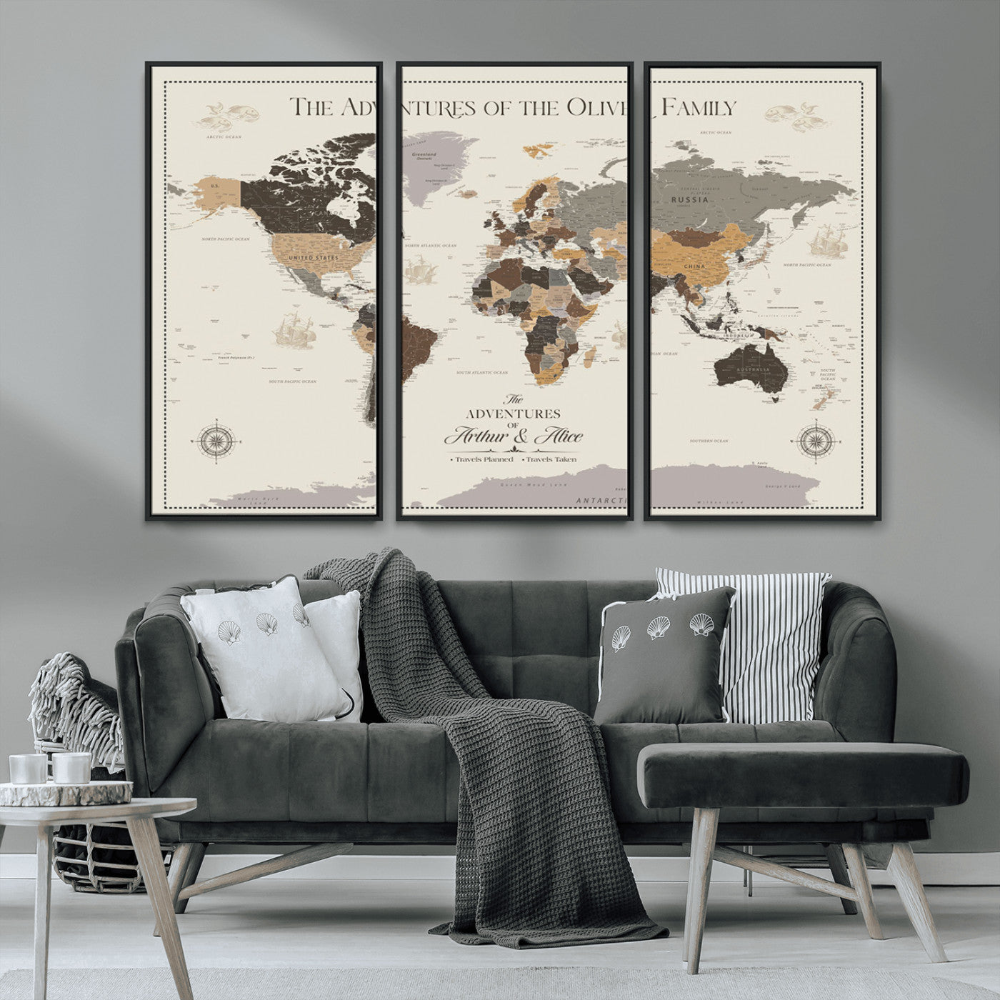 38723540-MGV-CV-36X24-Adventures of the Oliver Family Wall Art – Earth Tone World Map Canvas Print, Minimalist Travel Decor for Living Room, Bedroom or