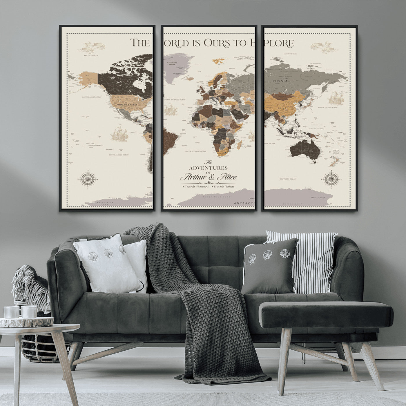 90024882-MGV-CV-36X24-The World is Ours to Explore Wall Art – Earth Tone World Map Canvas Print, Adventure Travel Decor for Living Room, Office or