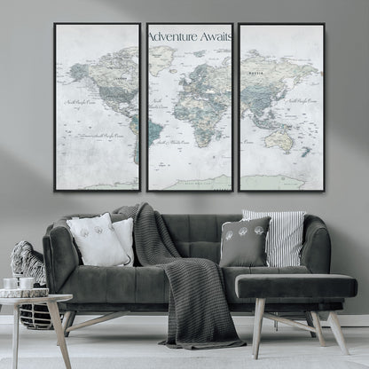 TEST111-MGV-CV-36X24-Personalized Adventure Awaits Push Pin World Map – Custom Framed Travel Tracker Canvas Wall Art for Home, Office