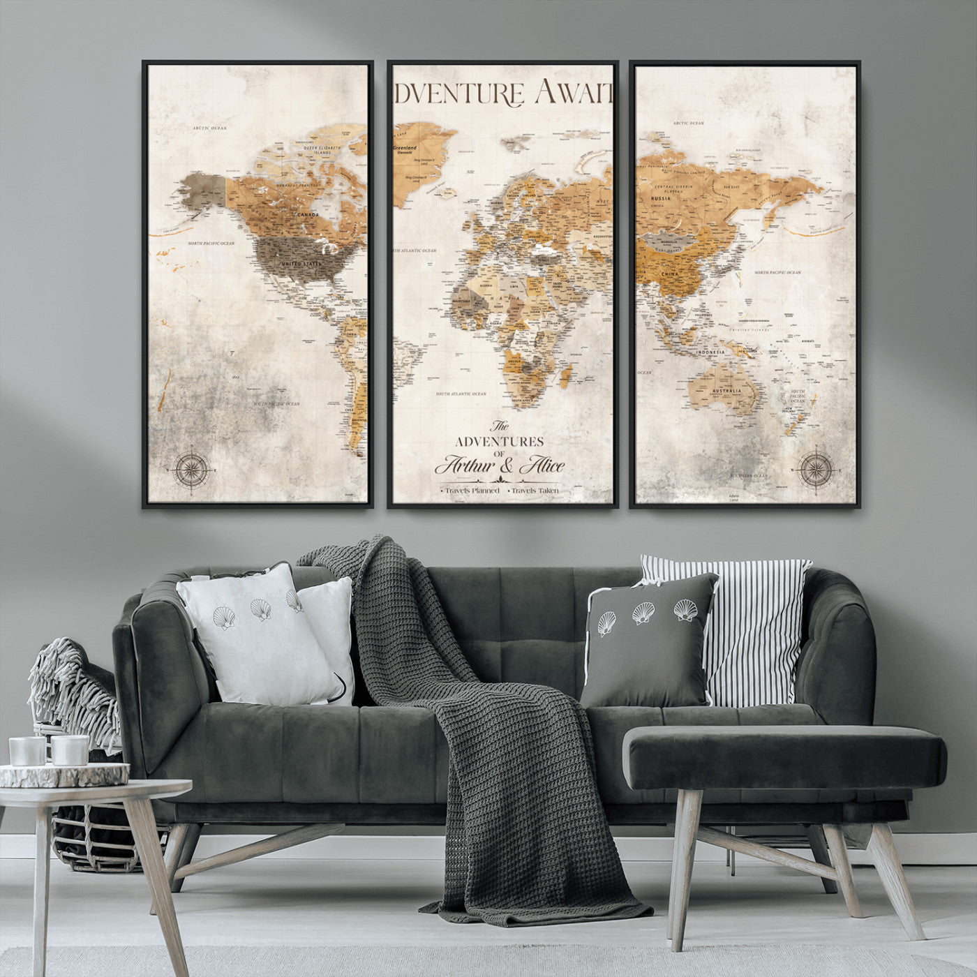 99422096-MGV-CV-36X24-Adventure Awaits World Map Wall Art – Neutral Beige Canvas Print, Modern Travel Inspired Wall Decor for Living Room, Bedroom or