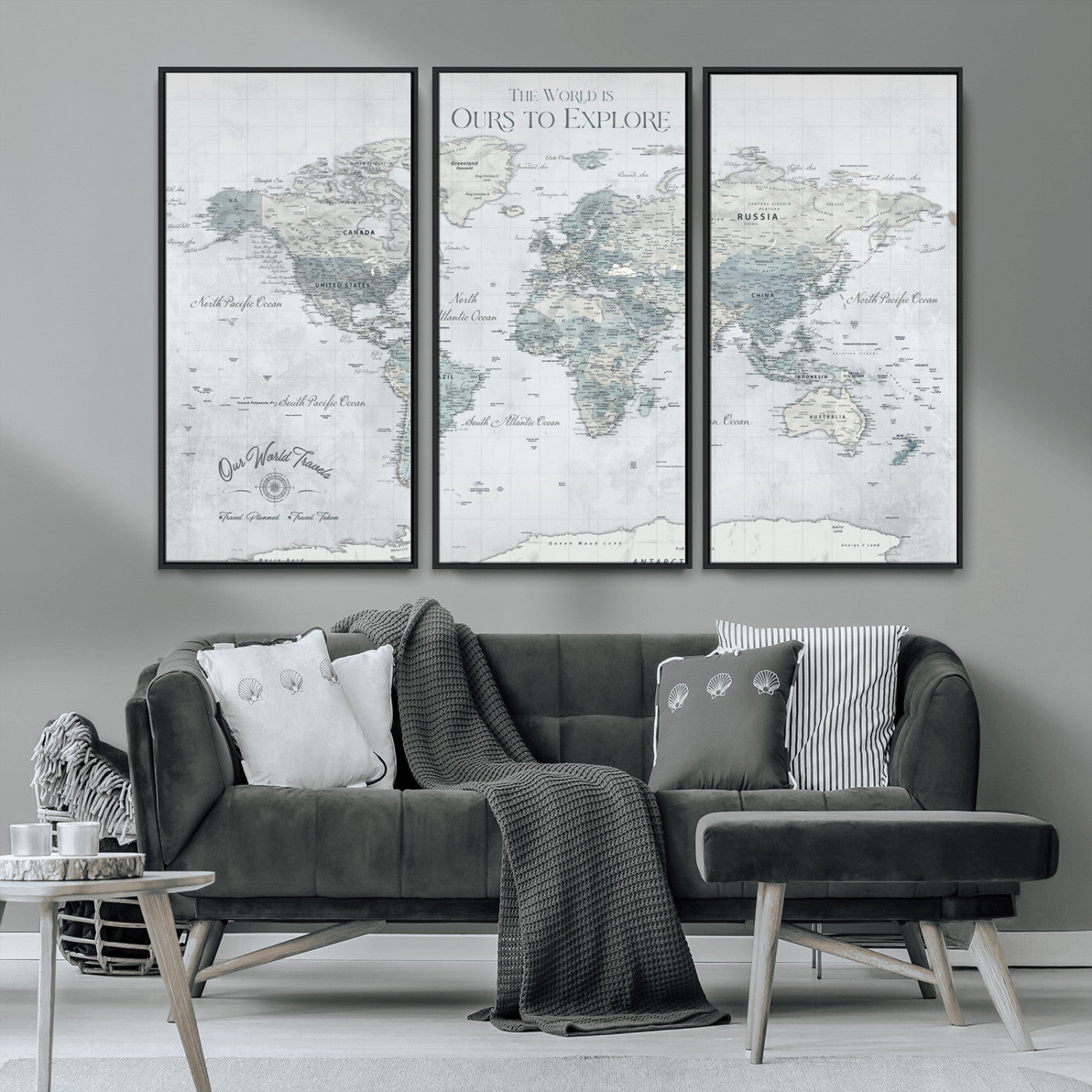 94249974-MGV-FC-48X32-3P_Black-Ours Explore World Map Wall Art – Modern Travel Canvas Print, Neutral Adventure Decor for Living Room, Office, Study, Bedroom,