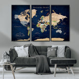 43160428-MGV-CV-36X24-Adventure Awaits Navy Blue World Map – Vibrant Travel Canvas Wall Art, Antique Atlas Print, Wanderlust Decor for Home Office