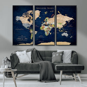 43160428-MGV-CV-36X24-Adventure Awaits Navy Blue World Map – Vibrant Travel Canvas Wall Art, Antique Atlas Print, Wanderlust Decor for Home Office