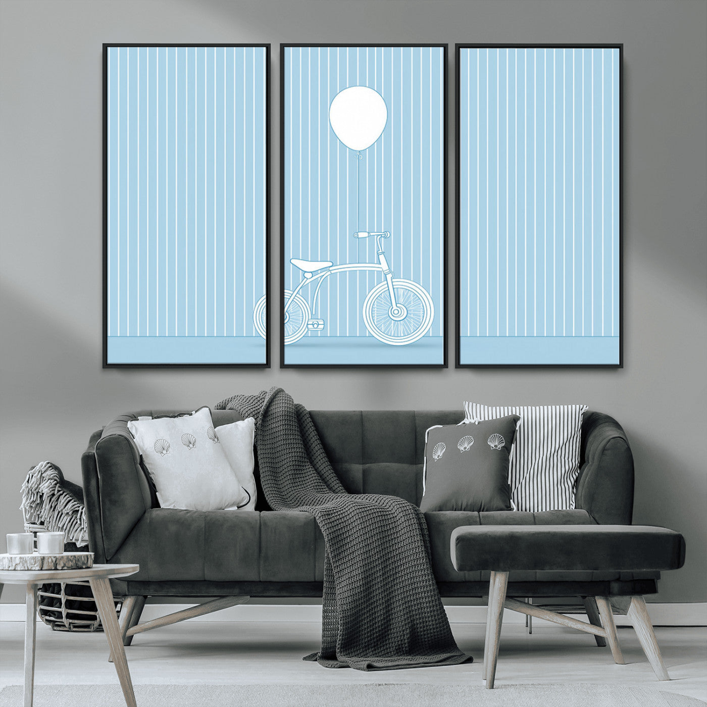56479838-MGV-CV-36X24-Bicycle Wall Art – Minimalist Blue Canvas Print with Balloon Illustration, Modern Decor Artwork for Kids Room, Nursery, or Living
