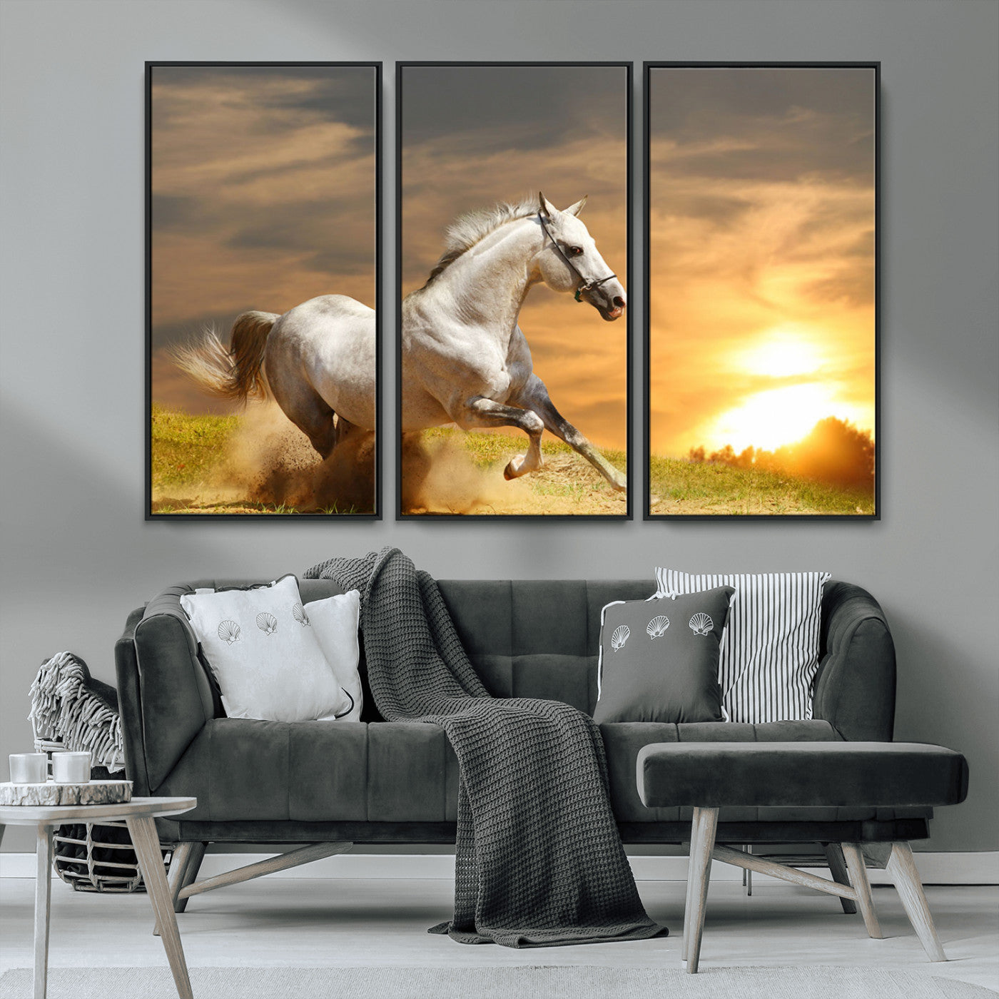 44295212-MGV-FC-48X32-3P_Black-Horse Wall Art – Running White Stallion Canvas Print with Sunset Background, Western Wildlife Decor for Living Room, Office, or