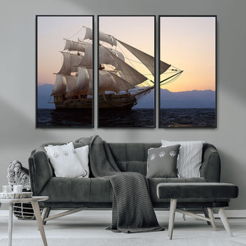 31270610-MGV-CV-36X24-Sailing Ship Wall Art – Sunset Seascape Canvas Print with Tall Ship at Sea, Nautical Ocean Decor for Living Room, Office, or