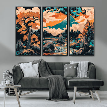 21638941-MGV-CV-36X24-Japanese Landscape Wall Art – Mount Fuji and Flowing River Ukiyo-e Style Canvas Print, Traditional Japan Inspired Artwork for