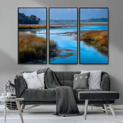 26300004-MGV-CV-36X24-Tranquil Marshland Canvas Wall Art – Blue Water, Reflective Sky, Golden Grasses, Calm Nature Landscape, Scenic Outdoor Beauty for