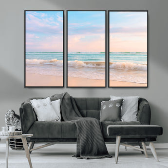 88024944-MGV-CV-36X24-Beach Landscape Wall Art – Coastal Ocean Canvas Print with Gentle Waves and Pastel Sky, Serene Seascape Photography for Living