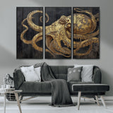 47056538-MGV-CV-36X24-Octopus Canvas Wall Art – Gold Detail, Wooden Texture, Marine Life, Ocean Creature Tentacles, Nautical Coastal Rustic Decor for