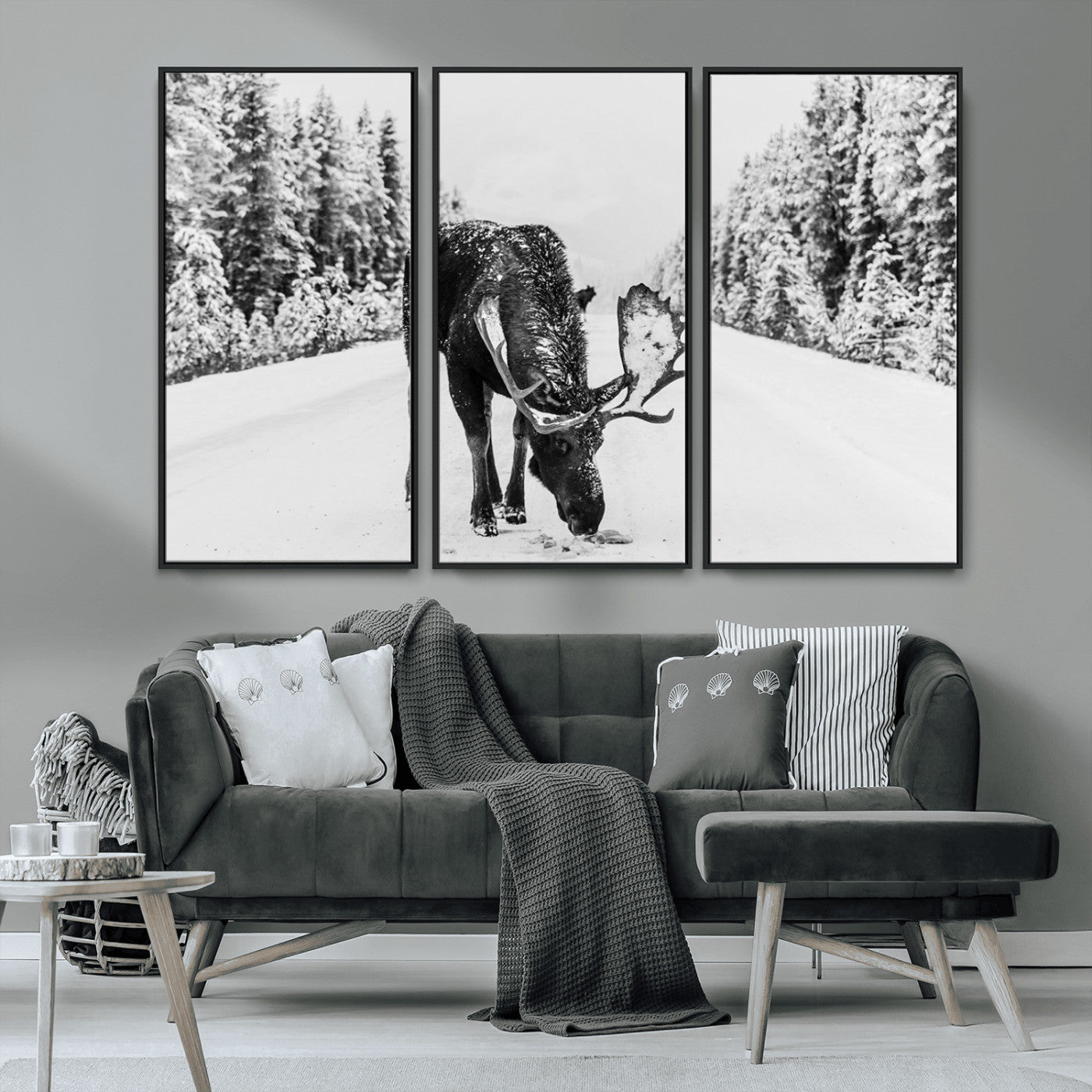 38956835-MGV-CV-36X24-Moose Wall Art – Black and White Wildlife Canvas Print with Snowy Forest Road, Rustic Nature Photography for Cabin, Lodge, Living
