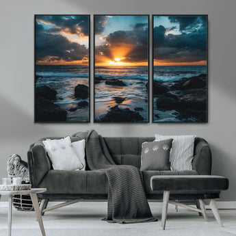 66040852-MGV-CV-36X24-Ocean Sunset Canvas Wall Art – Rocky Shore Waves, Dramatic Clouds, Golden Sun Rays, Coastal Nature, Serene Water Reflection for