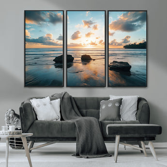 23879436-MGV-CV-36X24-Ocean Sunset Wall Art – Serene Seascape Canvas Print with Golden Sky, Reflections on Sand and Calm Waves, Peaceful Coastal