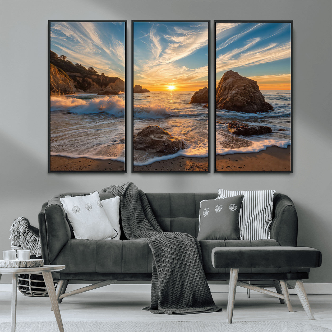 85659923-MGV-CV-36X24-Ocean Sunset Wall Art – Dramatic Seascape Canvas Print with Cliffs, Crashing Waves and Golden Sky, Bold Coastal Photography for