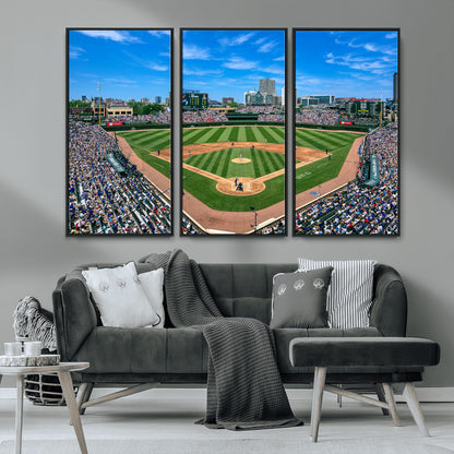 56213978-MGV-CV-36X24-Wrigley Field Baseball Stadium Canvas Wall Art – Packed Crowd Sports Stadium Print, City Skyline Baseball Field Canvas for Game