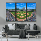 56213978-MGV-FC-48X32-3P_Black-Baseball Stadium Wall Art – Panoramic Ballpark Canvas Print with Fans, Green Field and City Skyline, Classic Sports Photography