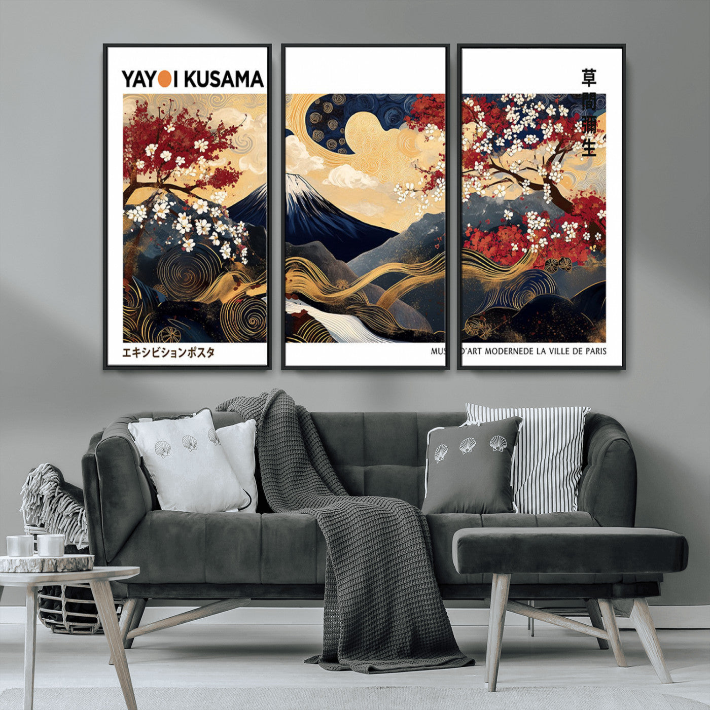 28945903-MGV-CV-36X24-Yayoi Kusama Inspired Japanese Art Canvas Print – Framed Floral & Mt. Fuji Wall Decor, Modern Asian Style Canvas for Home, Office,