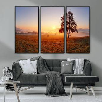 57919623-MGV-CV-36X24-Sunrise Landscape Wall Art – Golden Morning Canvas Print with Tree, Misty Hills and Open Field, Peaceful Nature Photography for