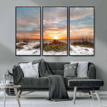58266230-MGV-CV-36X24-Beach Sunset Wall Art – Coastal Canvas Print with Sandy Dunes, Sea Grass and Golden Sky, Serene Ocean Landscape Photography for