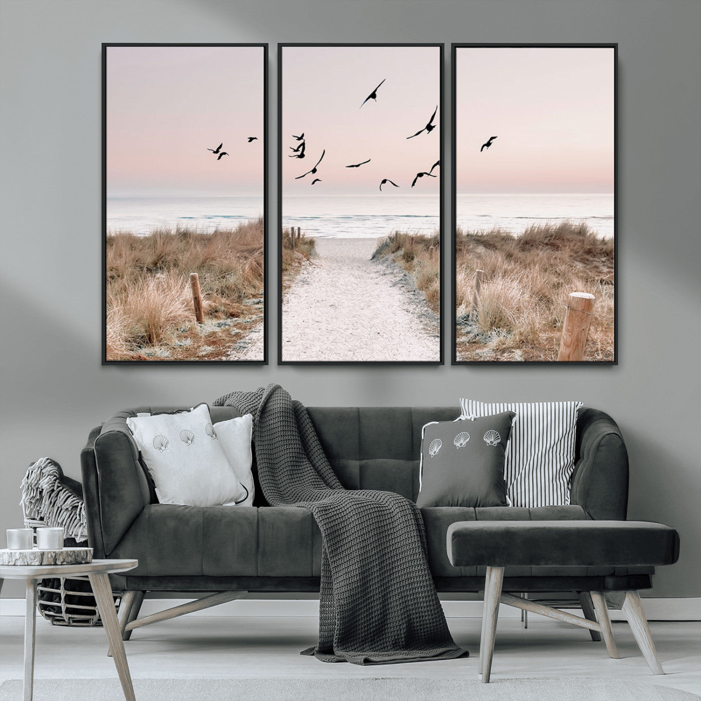 34632598-MGV-CV-36X24-Beach Pathway Wall Art – Coastal Canvas Print with Sandy Trail, Flying Birds and Pastel Sky, Serene Ocean Landscape Photography