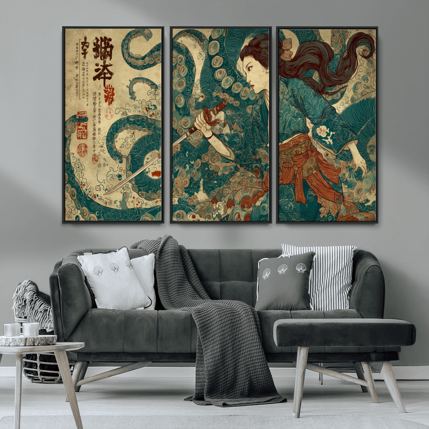 46837670-MGV-CV-36X24-Tsukioka Yoshitoshi Samurai Wall Art Print, Japanese Katana Warrior Canvas Wall Art, Octopus Sea Monster Canvas Print,