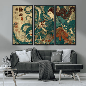 46837670-MGV-CV-36X24-Tsukioka Yoshitoshi Samurai Wall Art Print, Japanese Katana Warrior Canvas Wall Art, Octopus Sea Monster Canvas Print,