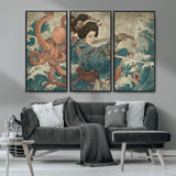 52037775-MGV-CV-36X24-Tsukioka Yoshitoshi Samurai Wall Art Print, Japanese Katana Warrior Canvas Wall Art, Octopus Sea Monster Canvas Print,