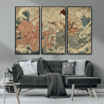 54879547-MGV-CV-36X24-Samurai Woman Wall Art – Japanese Ukiyo-e Style Canvas Print with Katana and Octopus, Traditional Asian Inspired Battle Artwork