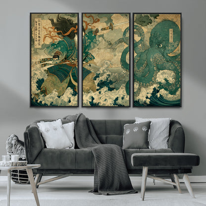 24416422-MGV-CV-36X24-Tsukioka Yoshitoshi Samurai Wall Art Print, Japanese Katana Warrior Canvas Wall Art, Octopus Sea Monster Canvas Print,