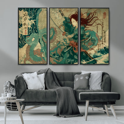86918027-MGV-CV-36X24-Samurai Warrior vs Octopus Wall Art – Japanese Ukiyo-e Ocean Battle Canvas Print, Traditional Samurai Artwork for Living Room,